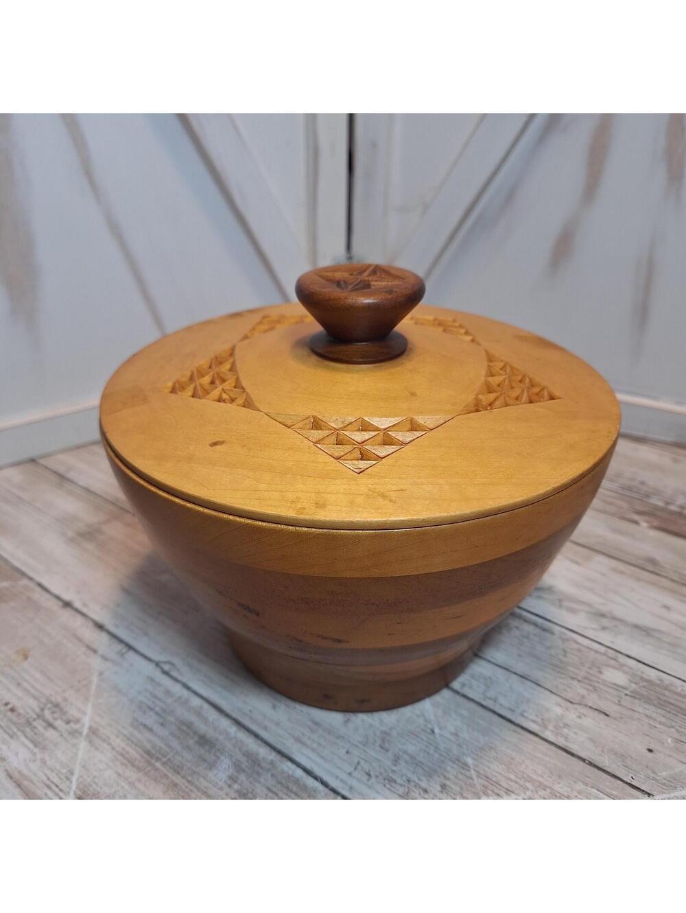 Vtg Hand Turned Wooden Bowl Jar Vessel w/ Carved Decorative Lid 6.5"HX 8"W READ